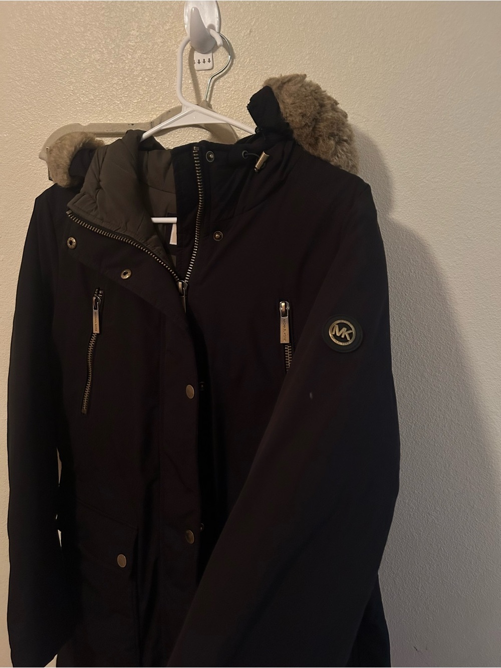 MICHAEL KORS Faux Fur Trim Hooded Parka Jacket in Black - Gold Hardware medium